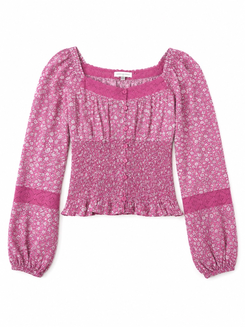 New - American Eagle Outfitters Pink Floral Smocked Peasant Top